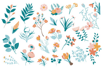 Summer flowers mega set elements in flat design. Bundle of different types of blooming flowers, meadow wildflowers, plants, branches with leaves and twigs. Vector illustration isolated graphic objects