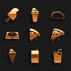 Set Slice of pizza, Beer can, Glass with water, Ice cream in waffle cone, Pizza cardboard box, Taco tortilla and icon. Vector