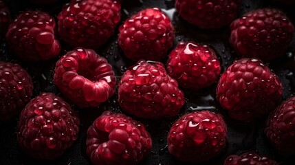 Raspberry background in realistic style on black background. Summer season background. Photorealistic design. Abstract colorful.