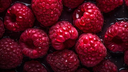 Raspberry background in realistic style on black background. Summer season background. Photorealistic design. Abstract colorful.