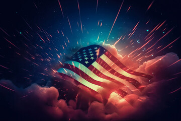 Illustration of flag usa on fireworks background in clouds for Independence Day. Symbol of America
