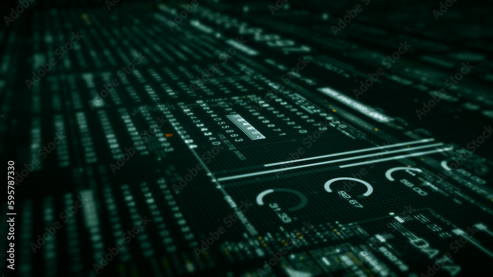 Poster Futuristic abstract de-focus flowing data matrix, telemetry and encrypt numbers display with particles simulation for head up display in cyber space environment background