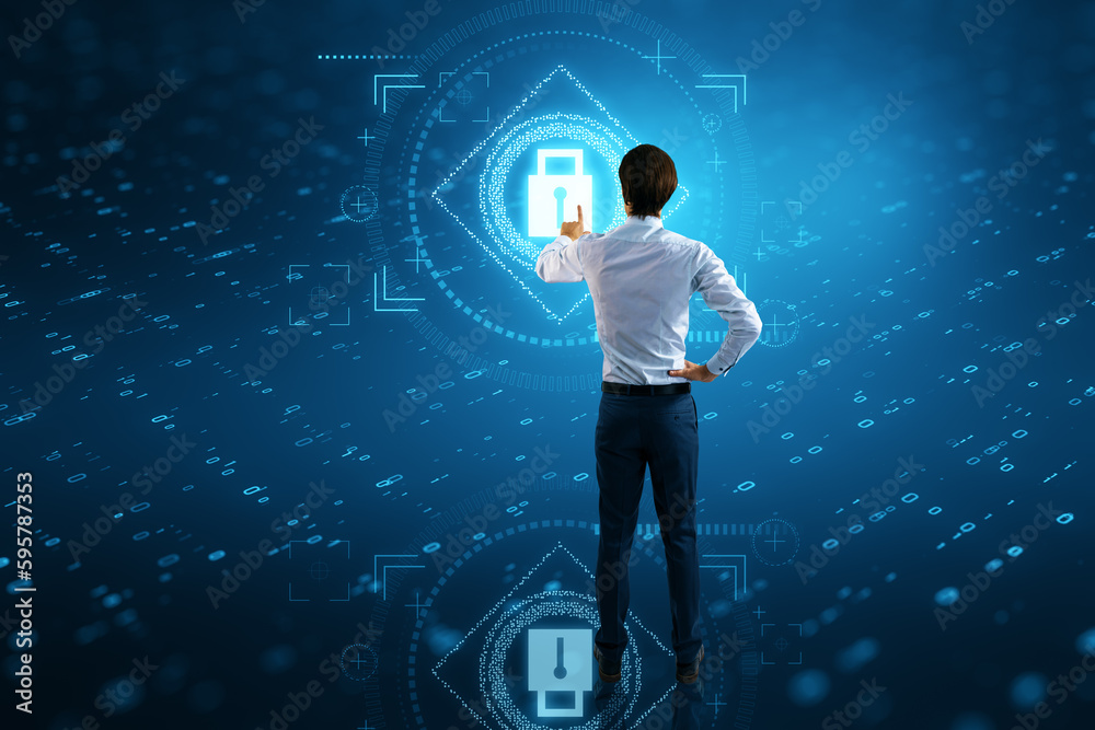 Poster back view of young man using glowing padlock interface on blurry background. safety, security and pr