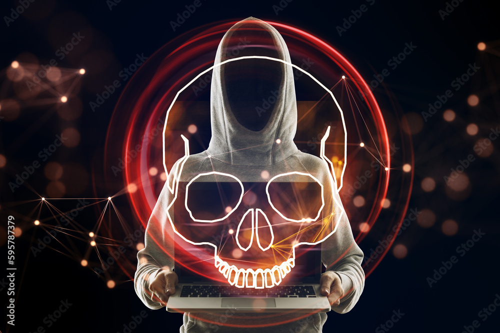 Poster hacker using laptop with digital red skull hologram on dark background. ransomeware, virus and pirat