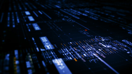 Futuristic abstract de-focus flowing data matrix, telemetry and encrypt numbers display with particles simulation for head up display in cyber space environment background