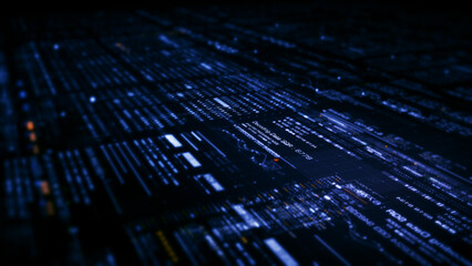 Futuristic abstract de-focus flowing data matrix, telemetry and encrypt numbers display with particles simulation for head up display in cyber space environment background