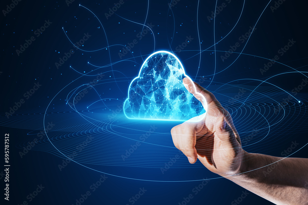 Poster Close up of male hand pointing at digital polygonal cloud with lines on blue background. Cloud storage and computing concept.