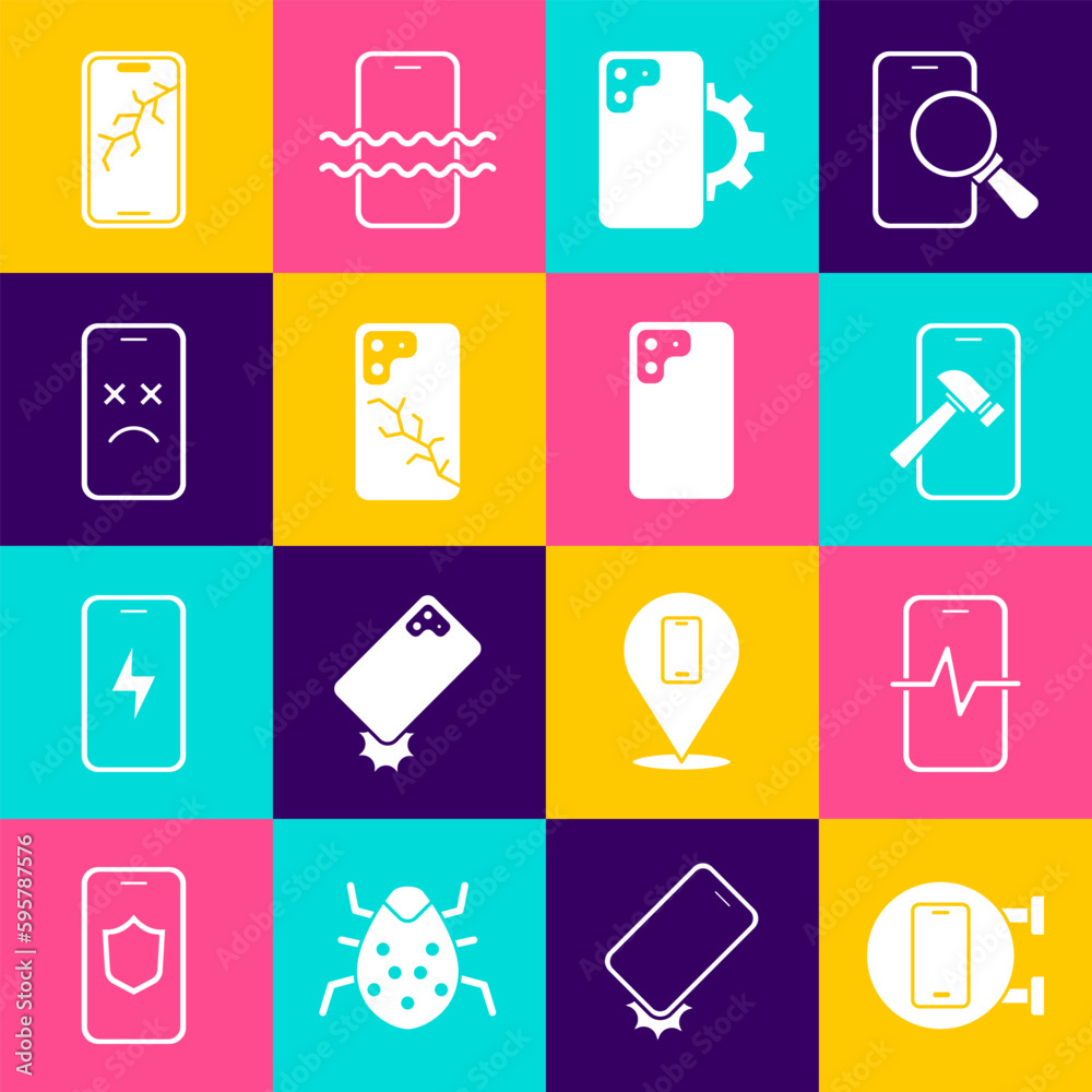 Poster set phone repair service, mobile with broken screen, dead mobile, and smartphone icon. vector