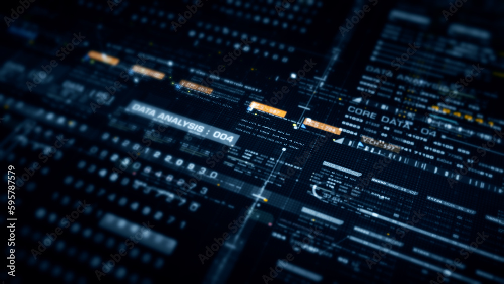 Leinwandbilder Futuristic abstract de-focus flowing data matrix, telemetry and encrypt numbers display with particles simulation for head up display in cyber space environment background