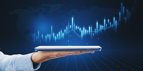 Close up of female hand holding cellphone with growing business chart on blurry background. Business strategy development, financial growth and success plan.