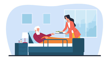 Female caregiver gives food to elderly man in bed, helps disabled man with daily chores. Nurses or volunteers help. Patient in clinic or hospice. Cartoon flat isolated vector concept - obrazy, fototapety, plakaty