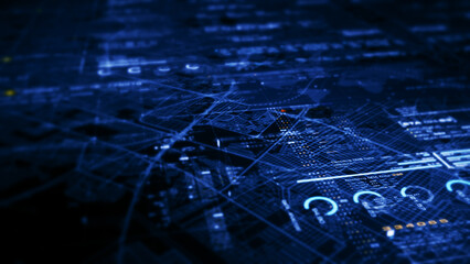 Futuristic abstract de-focus flowing data matrix, telemetry and encrypt numbers display with particles simulation for head up display in cyber space environment background