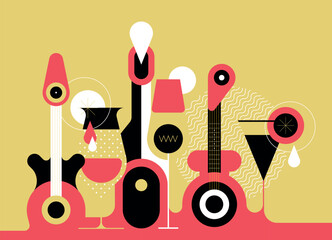 Flat vector design of different cocktail glasses, a bottle of acohol drink and two guitars isolated on a light yellow background.