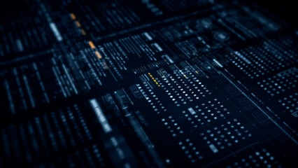 Futuristic abstract de-focus flowing data matrix, telemetry and encrypt numbers display with particles simulation for head up display in cyber space environment background