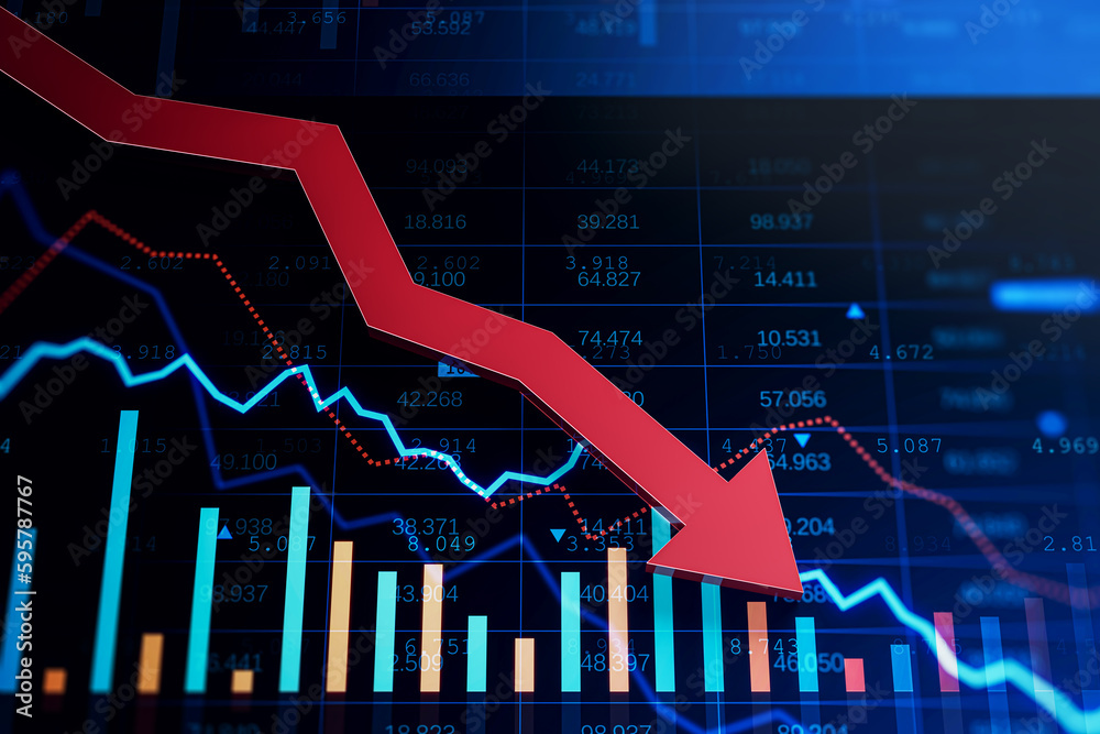 Poster falling red afinancial chart arrow on blue backdrop. crisis, downward trend and market crash concept
