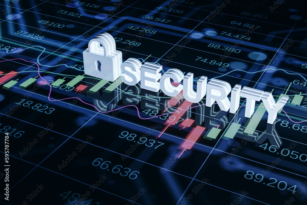 Poster Creative security padlock on blue forex chart background. Financial growth and data protection concept. 3D Rendering.