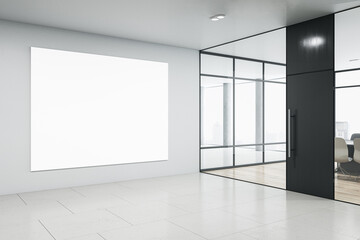 Modern glass office interior with blank mock up banner on concrete wall, window and city view. 3D Rendering.