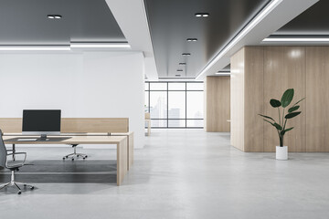 Modern loft concrete and wooden office interior with equipment, furniture and window with city view. Law and legal, workplace concept. 3D Rendering.