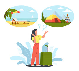 Girl can not decide on vacation, where to go to sea or in mountains. Choosing beach or adventures. Dreaming character about leisure, thinking woman, cartoon flat illustration. Vector concept