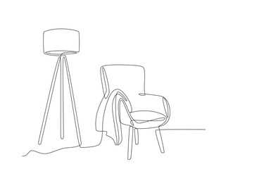 Continuous line drawing of armchair, plaid, floor lamp. One line of cozy interior Living room with modern furniture. Single line Hand draw contour of indoor furniture. Doodle vector illustration