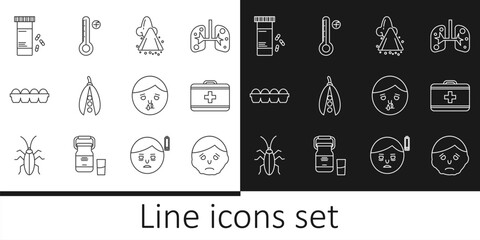 Set line Inflammation on face, First aid kit, Runny nose, Kidney beans, Chicken egg in box, Medicine bottle and pills, and Medical digital thermometer icon. Vector