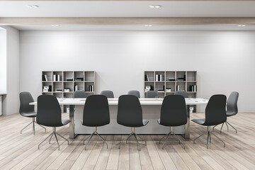 Modern meeting room interior with furniture, wooden flooring, equipment. 3D Rendering.