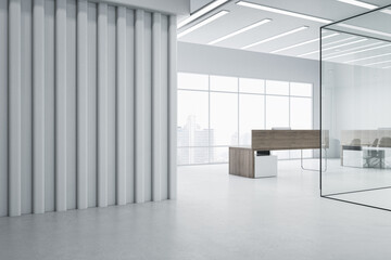 Modern glass office interior with reception desk and window with city view. Office lobby and waiting area concept. 3D Rendering.
