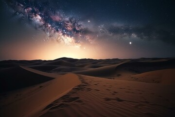 Obraz na płótnie Canvas Beautiful desert scenery with sand dunes and warm starry sky. Modern background. Generative AI
