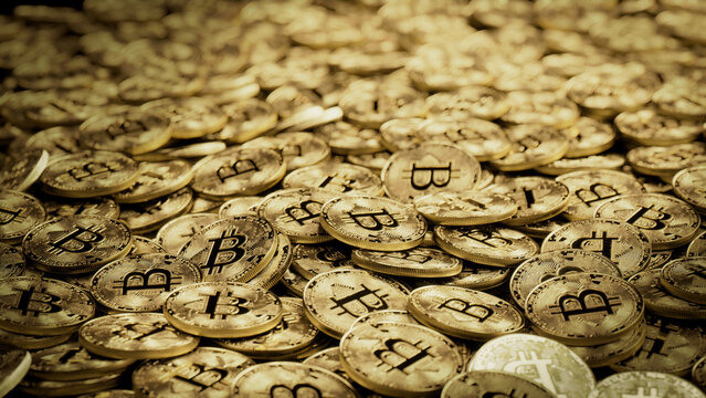 Bitcoin Cryptocurrency represented as Gold Coins. Future Investing Wallpaper. 3D Render.