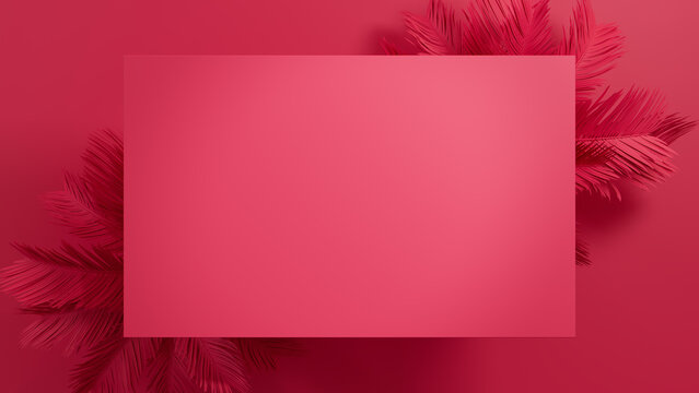 Pink, Modern Design with Rectangle Botanical Frame. Palm Plant Border with copy-space.