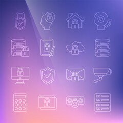 Set line Server, Data, Web Hosting, Security camera, House under protection, Tablet with closed padlock, security, Lock and check mark and Cloud computing icon. Vector