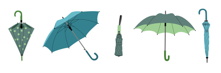 Set of umbrellas. Opened, closed and folded umbrellas or parasols. Accessories for rainy weather. Hand drawn vector illustration isolated on white background, flat cartoon style.