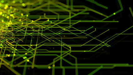 Green and Yellow Neon Lines form a Futuristic High-Tech Mesh. Computing Concept.