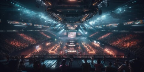 Fototapeta Modern, futuristic eSports arena. Full hall of fans cheering for his favorite team. Players compete on a large stage in front of a massive screen displaying the game. Generative AI obraz