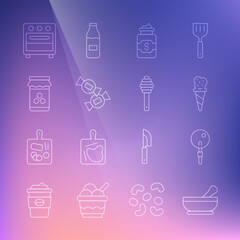 Set line Mortar and pestle, Lollipop, Ice cream in waffle cone, Jar of sugar, Candy, honey, Oven and Honey dipper stick icon. Vector