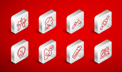 Set line Disease lungs, Throat cancer, Broken cigarette, Candy, Lighter, Lungs, Healthy breathing and Stop smoking, money saving icon. Vector