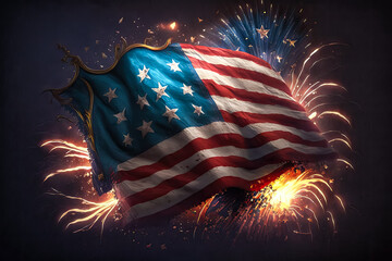 Illustration of flag usa on fireworks background in clouds for Independence Day. Symbol of America