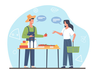 Male farmer selling produce to female customer at farmers market. Woman local products buying, grosery store, eco bio natural vegetables and milk, cartoon flat isolated vector concept