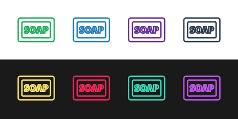 Set line Bar of soap icon isolated on black and white background. Soap bar with bubbles. Vector.