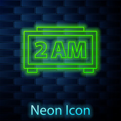 Fototapeta na wymiar Glowing neon line Digital alarm clock icon isolated on brick wall background. Electronic watch alarm clock. Time icon. Vector