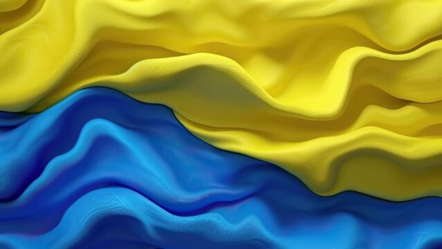 Ukraine flag background motion video with slowly moving texture of blue and yellow, silk material wave, national ukranian symbols and colors