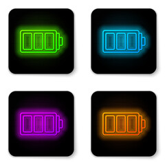 Glowing neon line Battery charge level indicator icon isolated on white background. Black square button. Vector