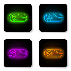 Glowing neon line Burrito icon isolated on white background. Traditional mexican fast food. Black square button. Vector