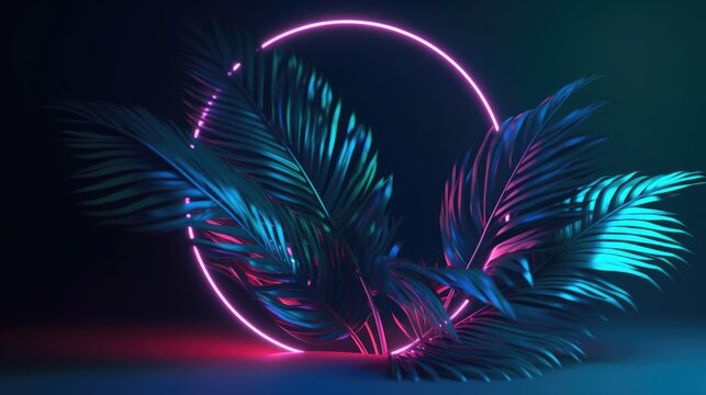 Purple, Circular Neon light with Tropical Leaves. Generative AI.