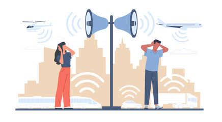 People who suffer from loud noisy city sounds. Man and woman covering ears with hands. City audio speakers, annoyed signals from planes and cars. Cartoon flat isolated vector concept