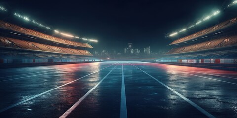 Asphalt racing track finish line and illuminated race sport stadium at night. Generative AI