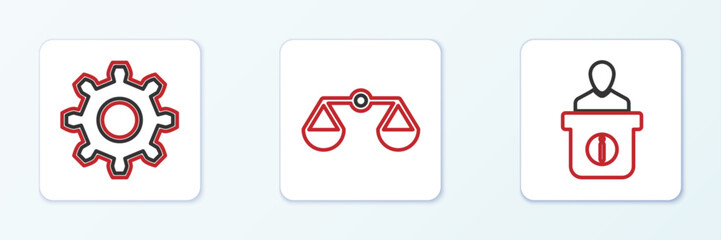 Set line Information desk, Cogwheel gear settings and Scales of justice icon. Vector