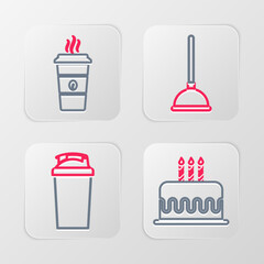 Set line Cake with burning candles, Fitness shaker, Rubber plunger and Coffee cup icon. Vector