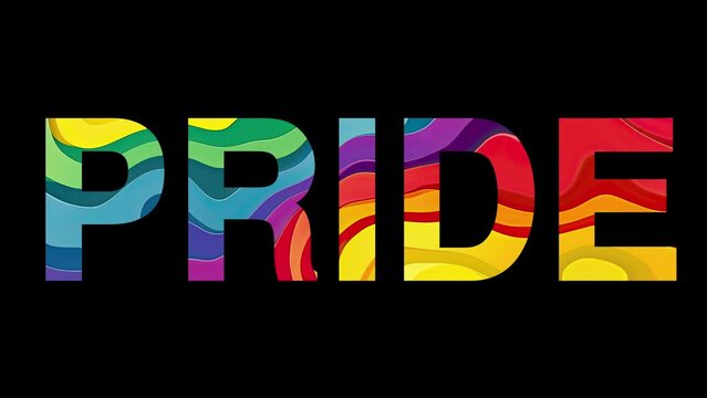 Word pride with rainbow colored texture, motion video background with birght color accent, lgbti flag palette waving on the black background