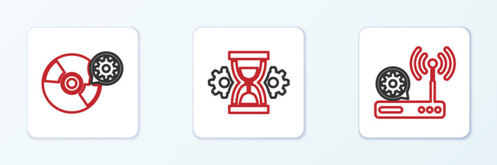 Set line Router and wi-fi setting, CD or DVD disk and Hourglass icon. Vector